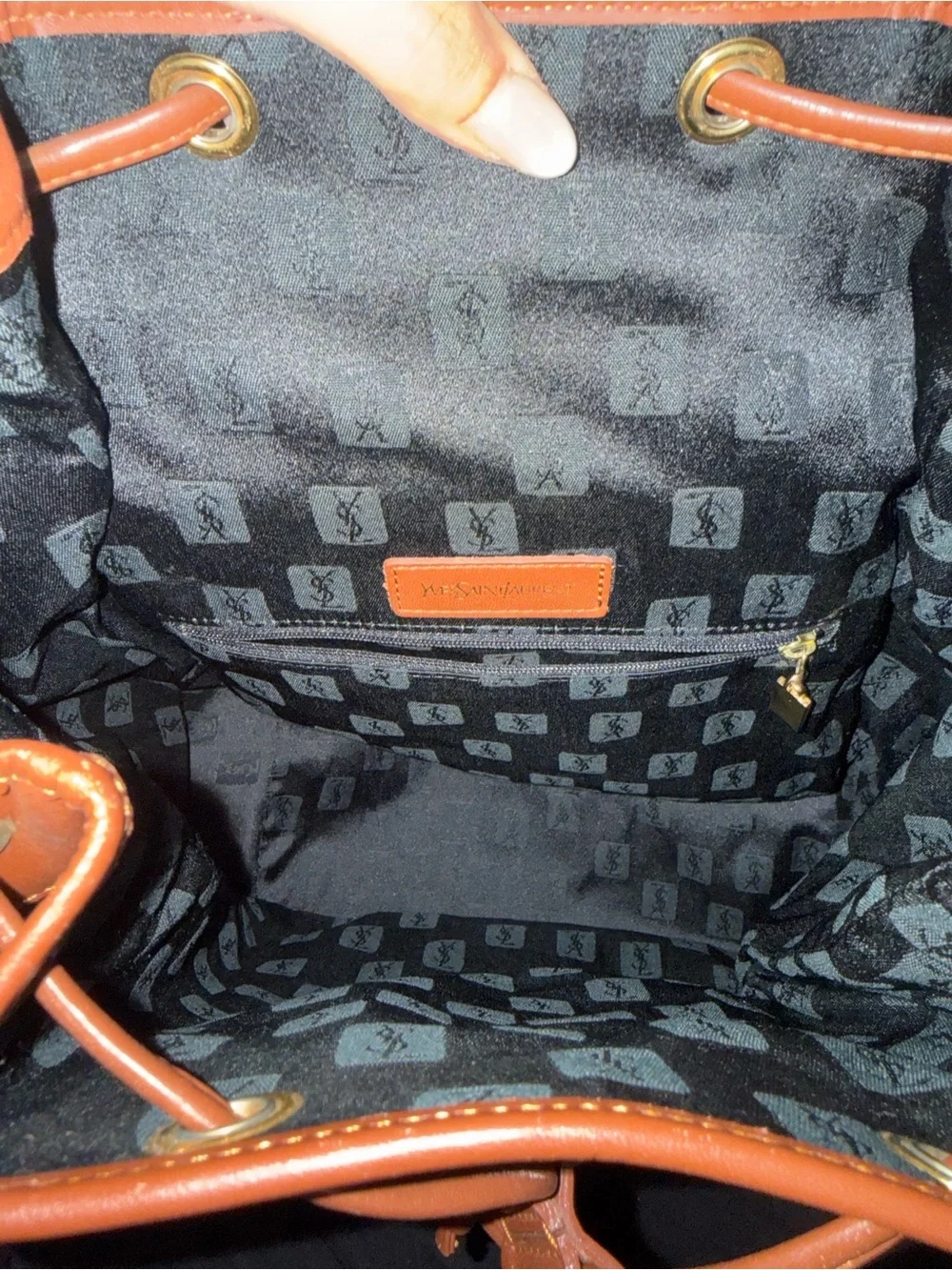 Yves Saint Laurent Navy Blue and Brown Leather-Trim Backpack